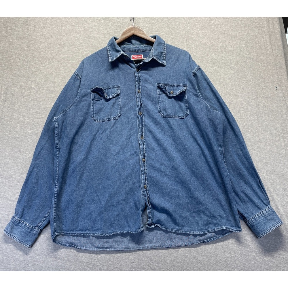 Wrangler Premium Quality Denim Shirt Mens 2X Blue Cotton Long Sleeve Button Up